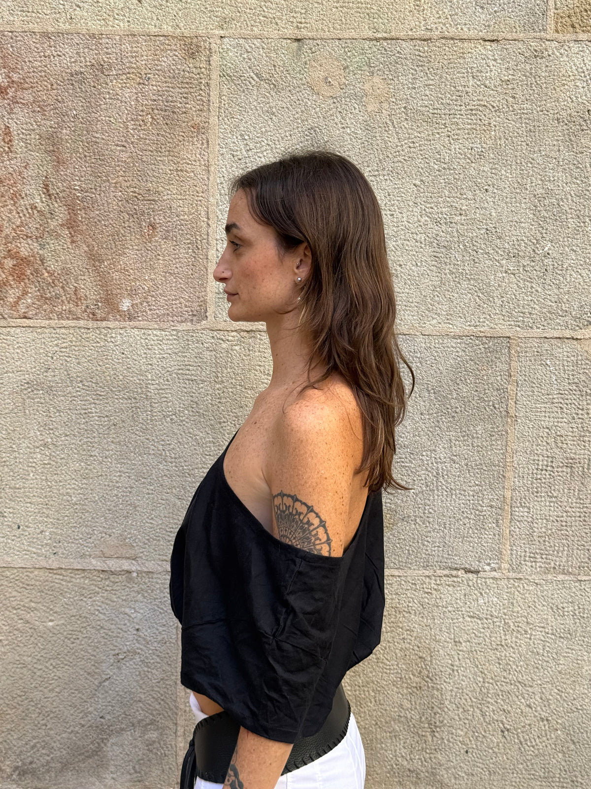 Vintage Rework Black Draped Off-Shoulder Top