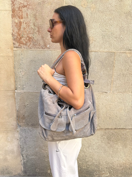 Grey Suede Hobo Bag
