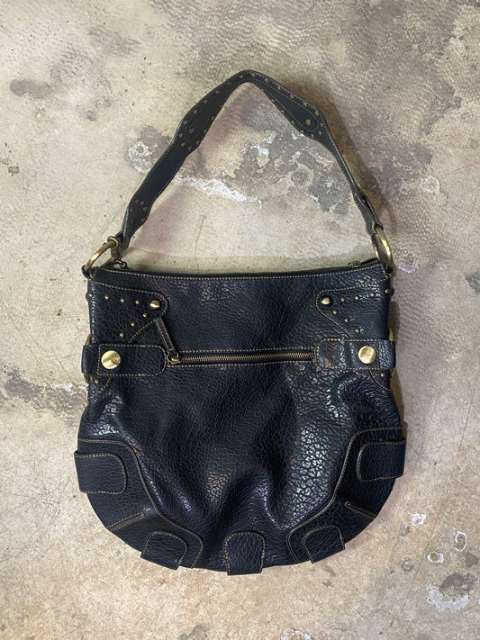 Vintage Guess Black Leather Studded Maxi Bag with Lock Charm