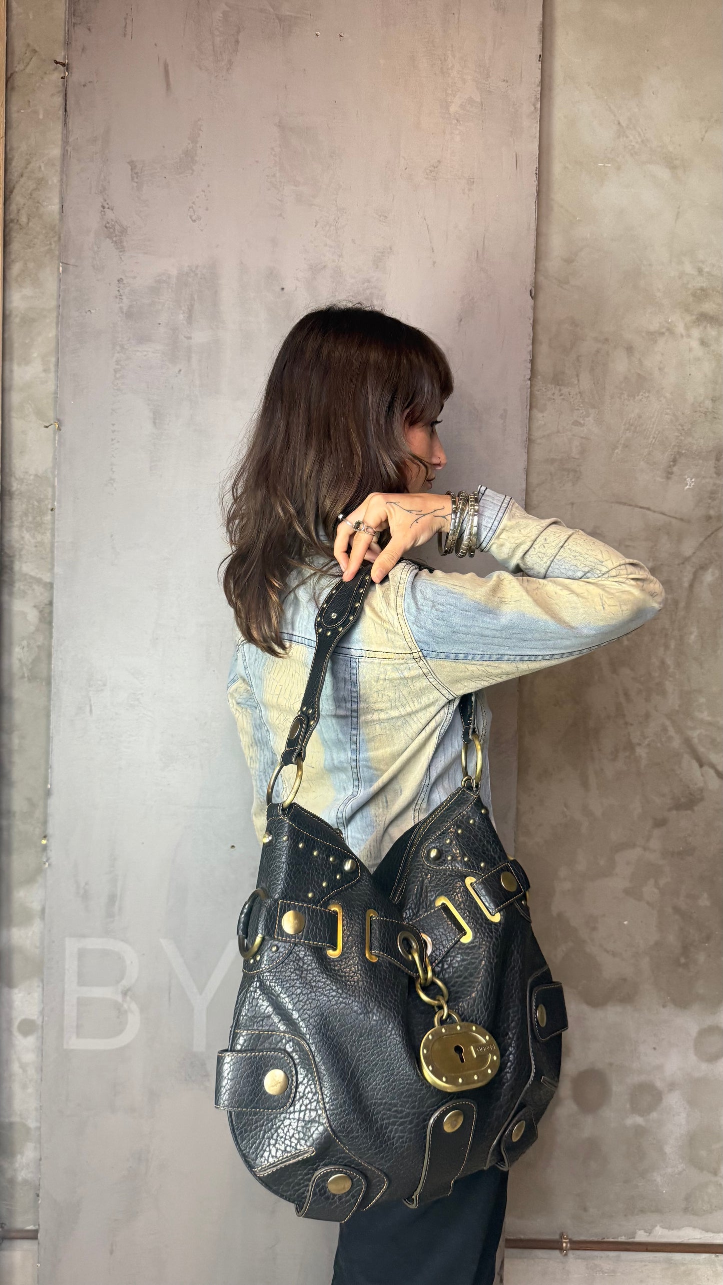 Vintage Guess Black Leather Studded Maxi Bag with Lock Charm