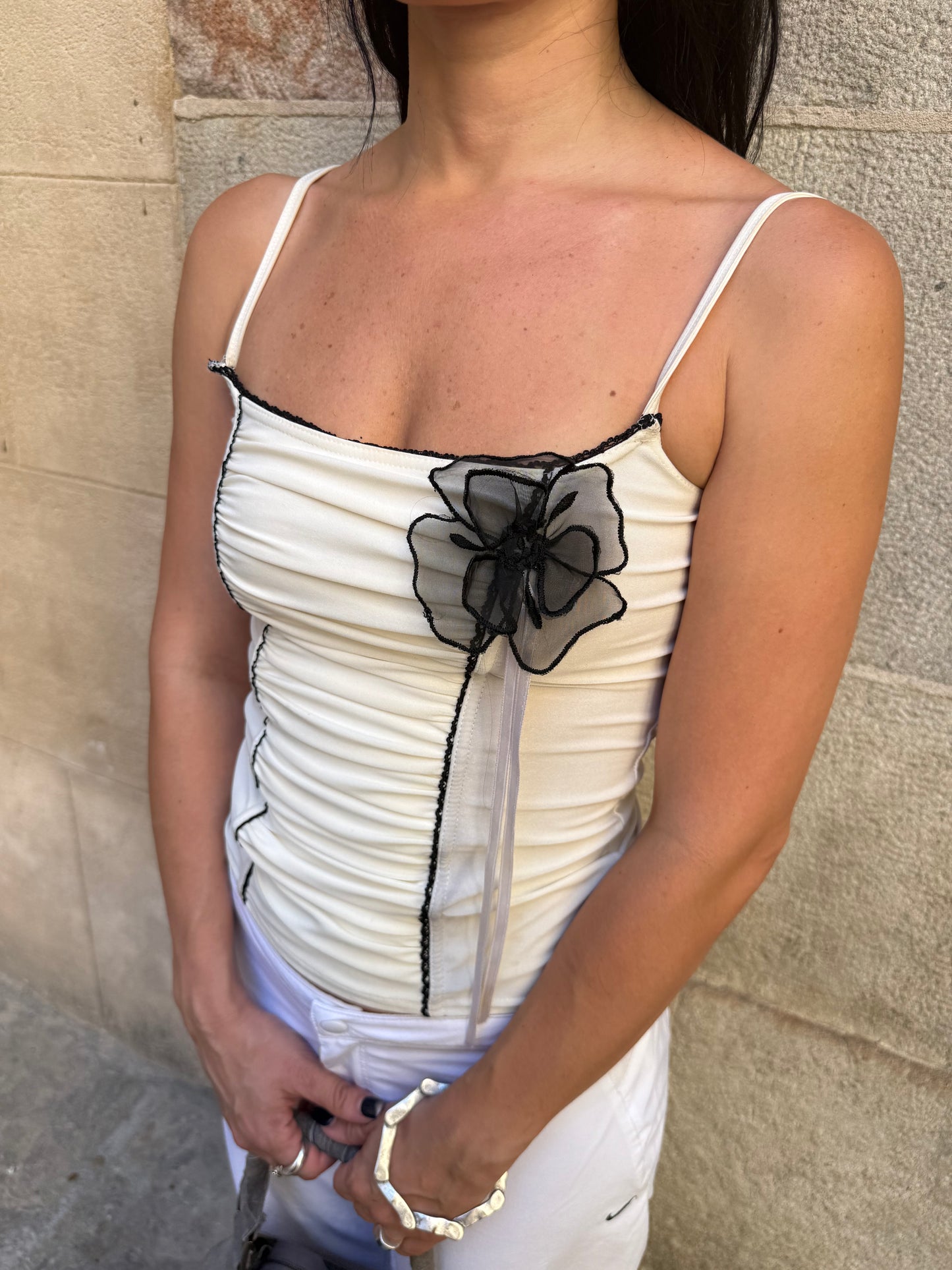 White Floral Ruched Cami Top