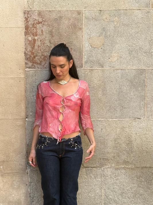 Just Cavalli Sheer Open-Knit Printed Top – Pink