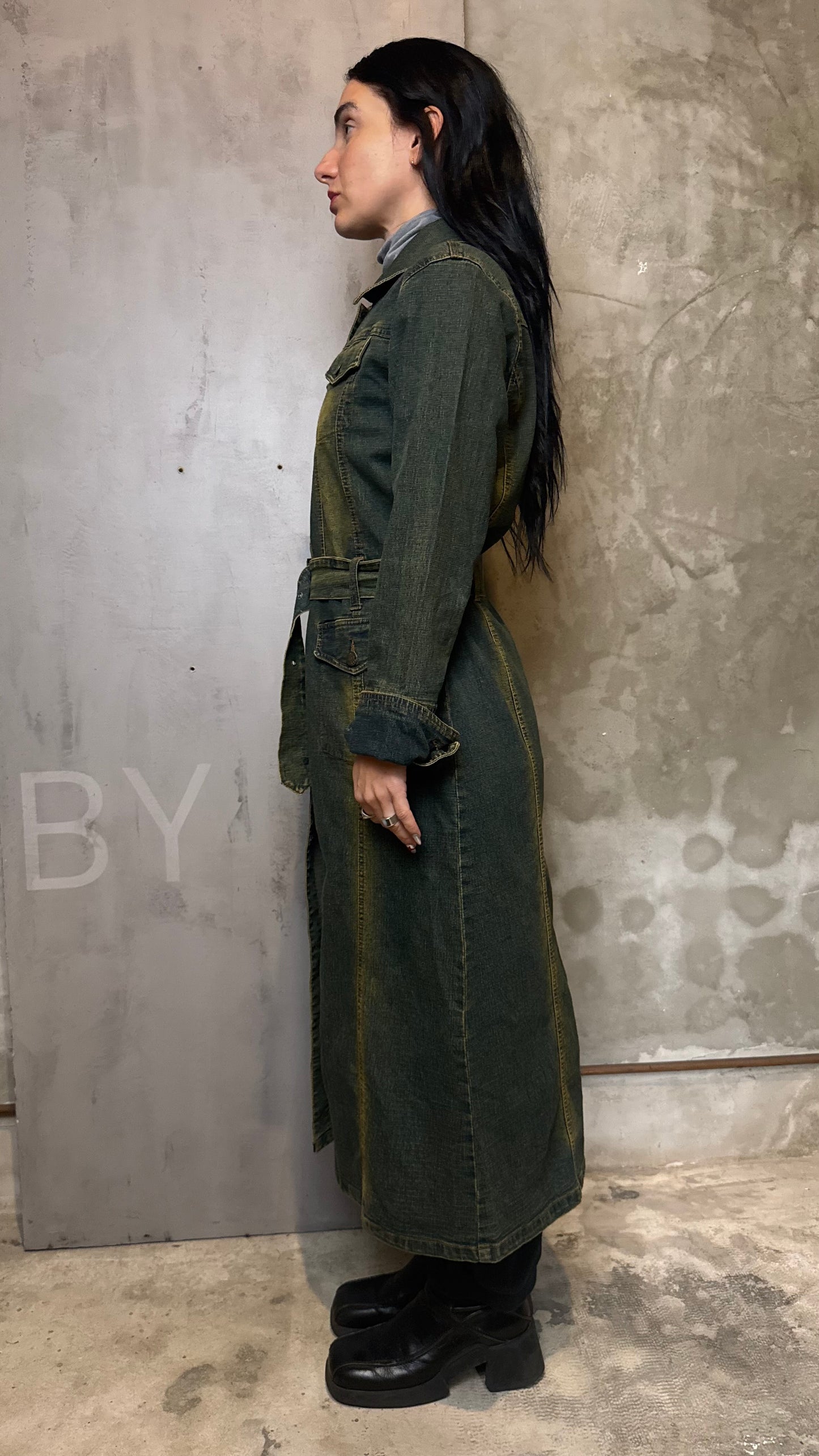 Vintage Wash Denim Trench Coat Belted Green Effect