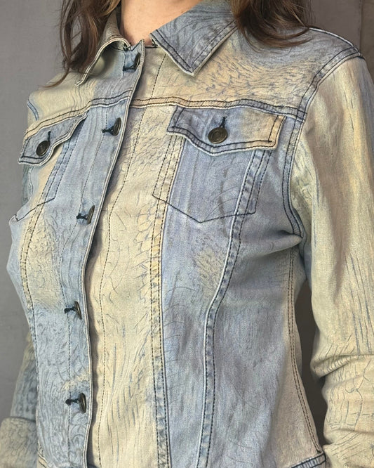 Roberto Cavalli Denim Jacket Snake Print Fitted Vintage Made in Italy