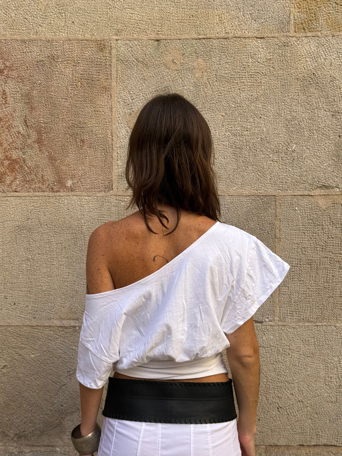 Vintage Rework White Draped Off-Shoulder Top