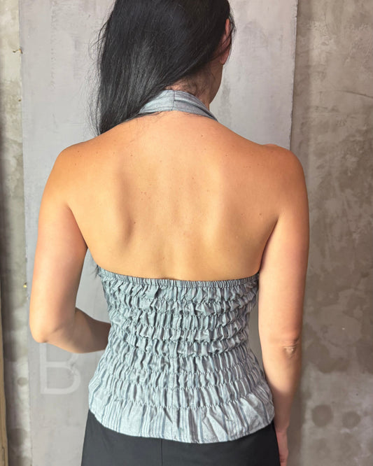 Reworked Shirt Halter Top – Soft Tie Front