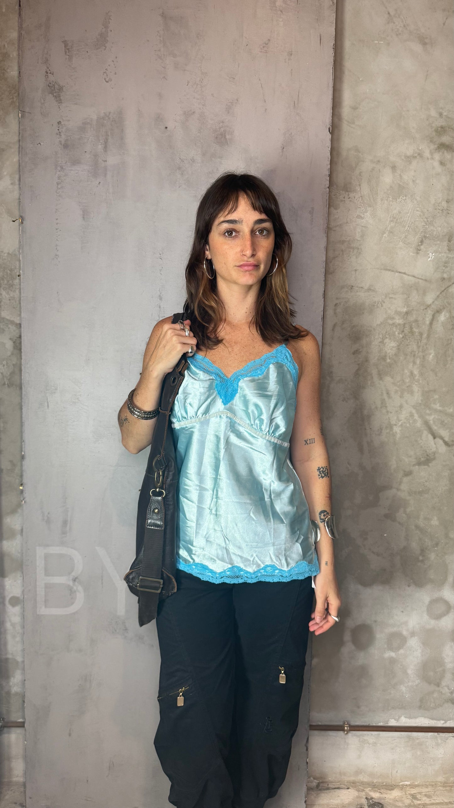 Blue Satin Lace Trim Camisole Slip Top Vintage