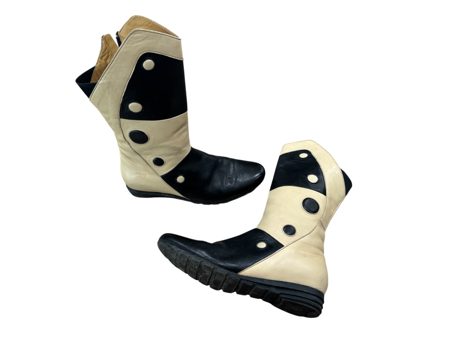 Bicolor Leather Knee Boots in Cream & Black with Graphic Detail