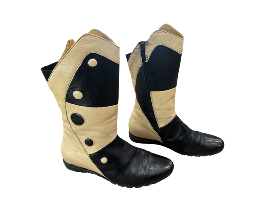 Bicolor Leather Knee Boots in Cream & Black with Graphic Detail