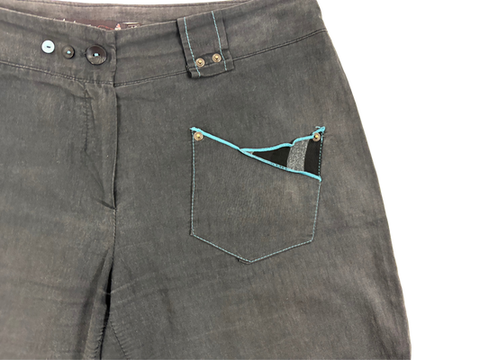 Vintage Black Tech-Style Midi Pants with Blue Stitching