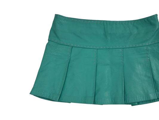 Turquoise Leather Pleated Mini Skirt