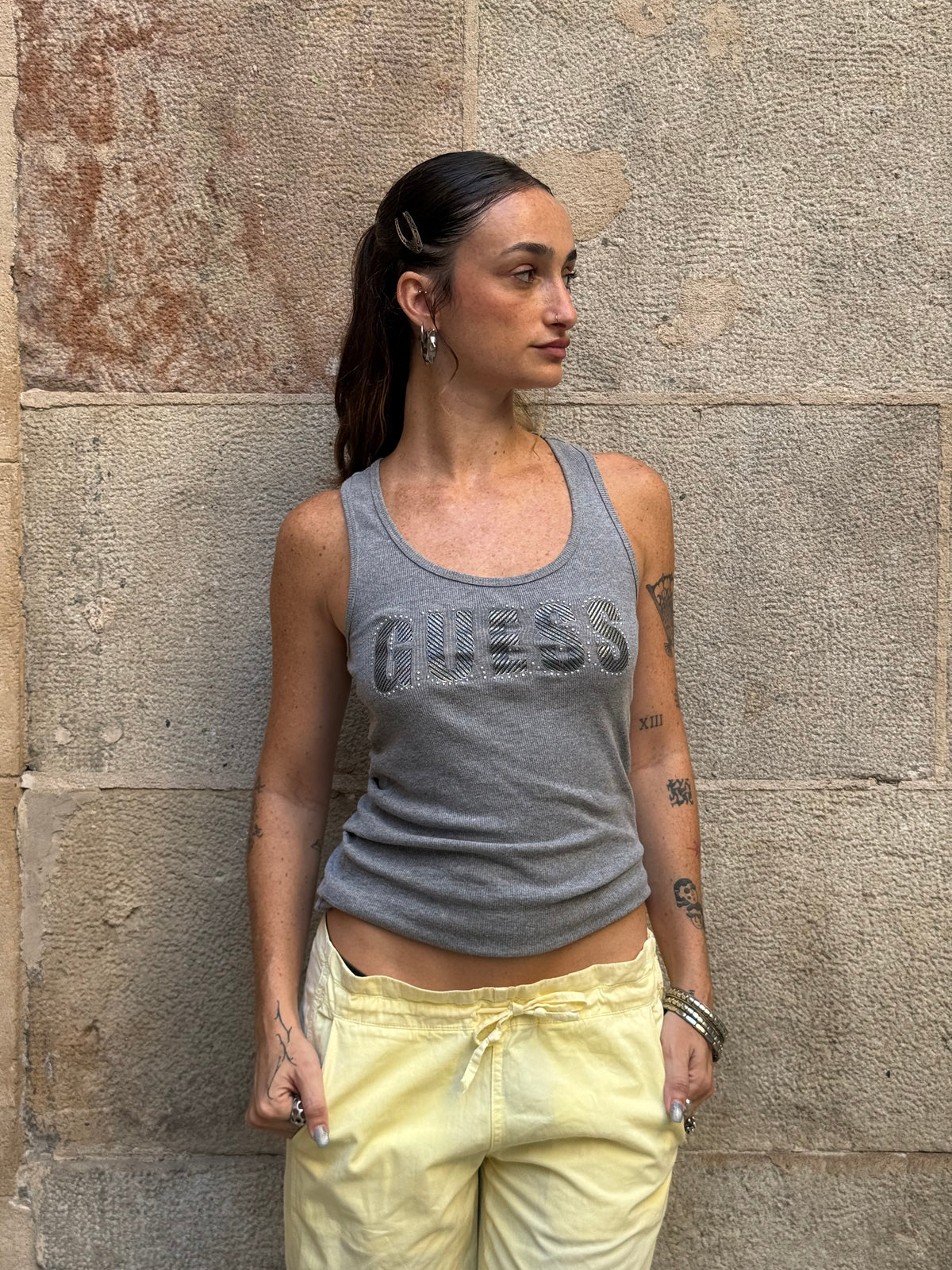 GUESS Vintage Grey Rhinestone Tank Top