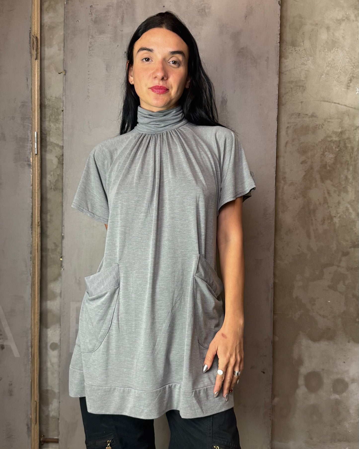 Grey High Neck Mini Dress Tunic Loose Fit Pockets