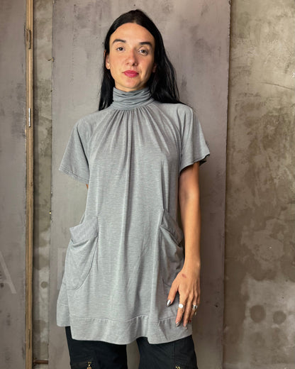 Grey High Neck Mini Dress Tunic Loose Fit Pockets