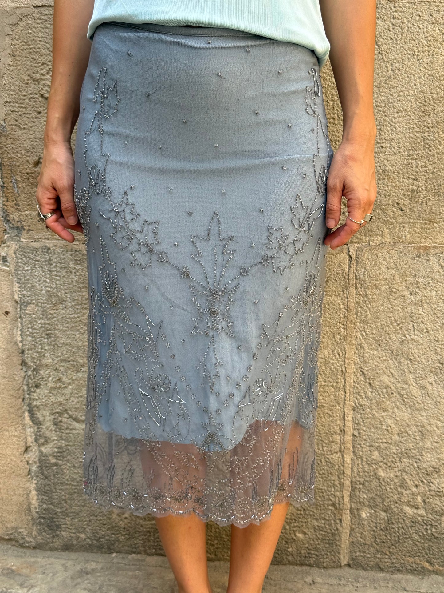 Blue Beaded Mesh Midi Skirt