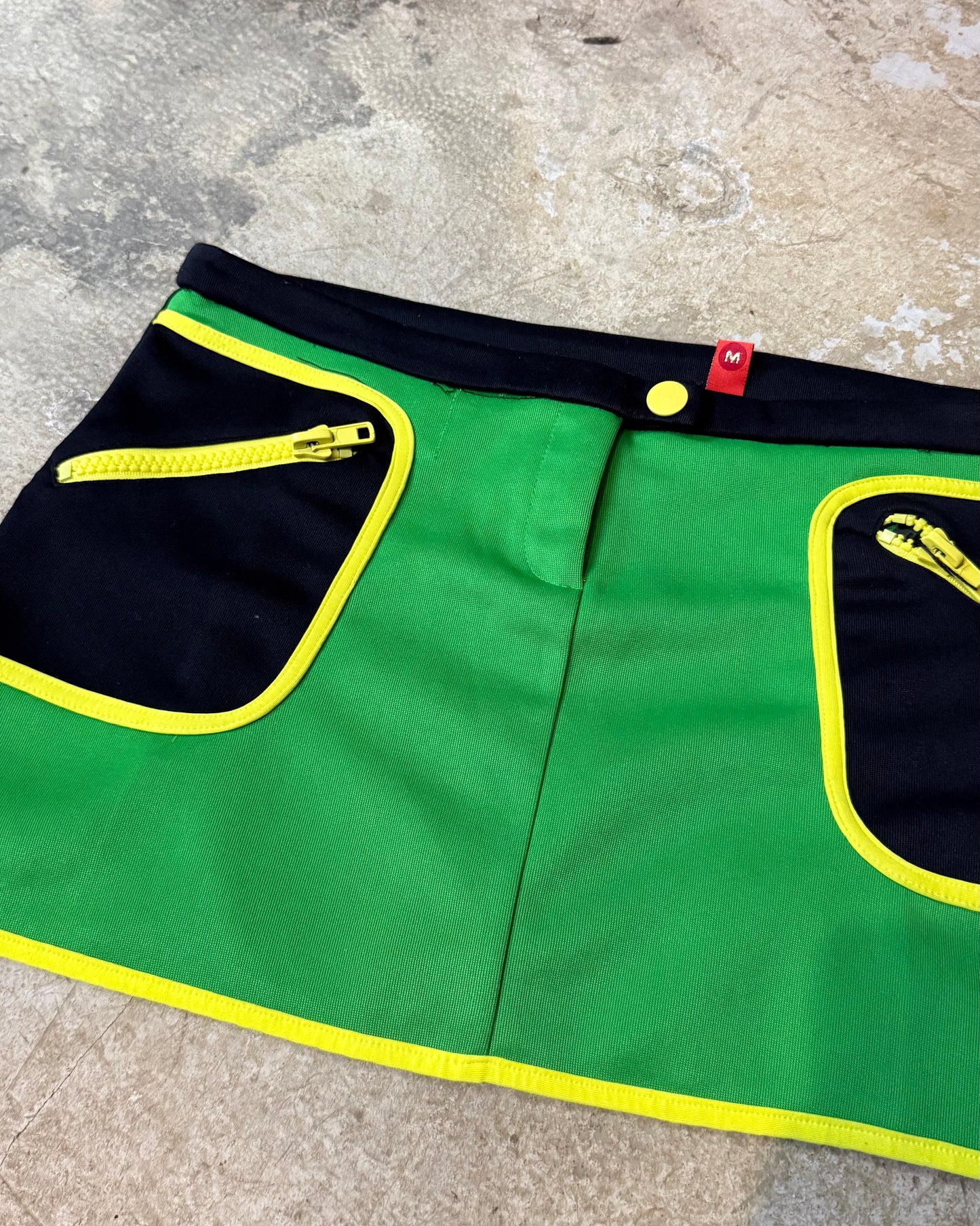 Fishbone Y2K Color Block Mini Skirt Green Black Yellow