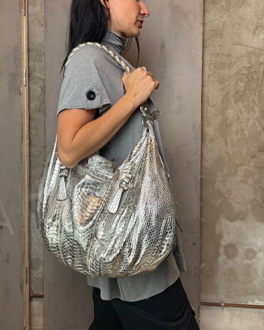 Guess Silver Python-Effect Maxi Hobo Bag