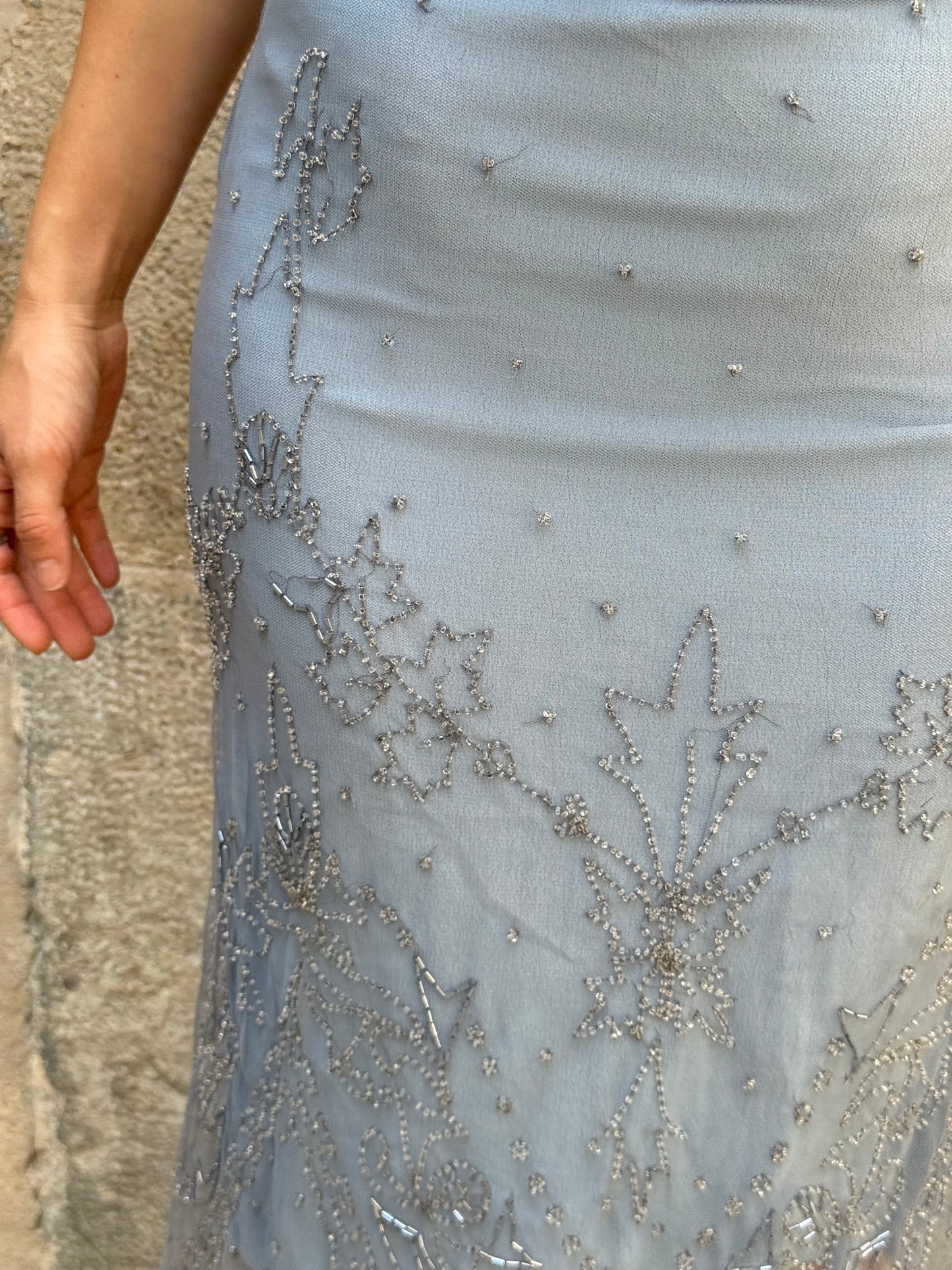 Blue Beaded Mesh Midi Skirt