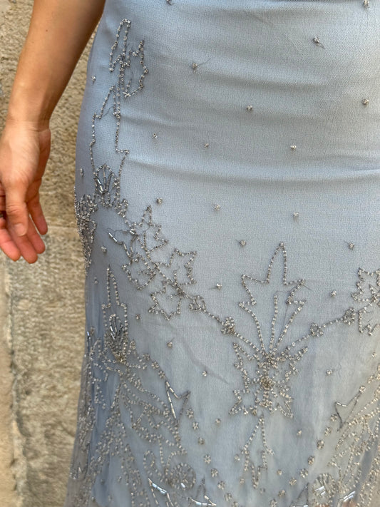 Blue Beaded Mesh Midi Skirt