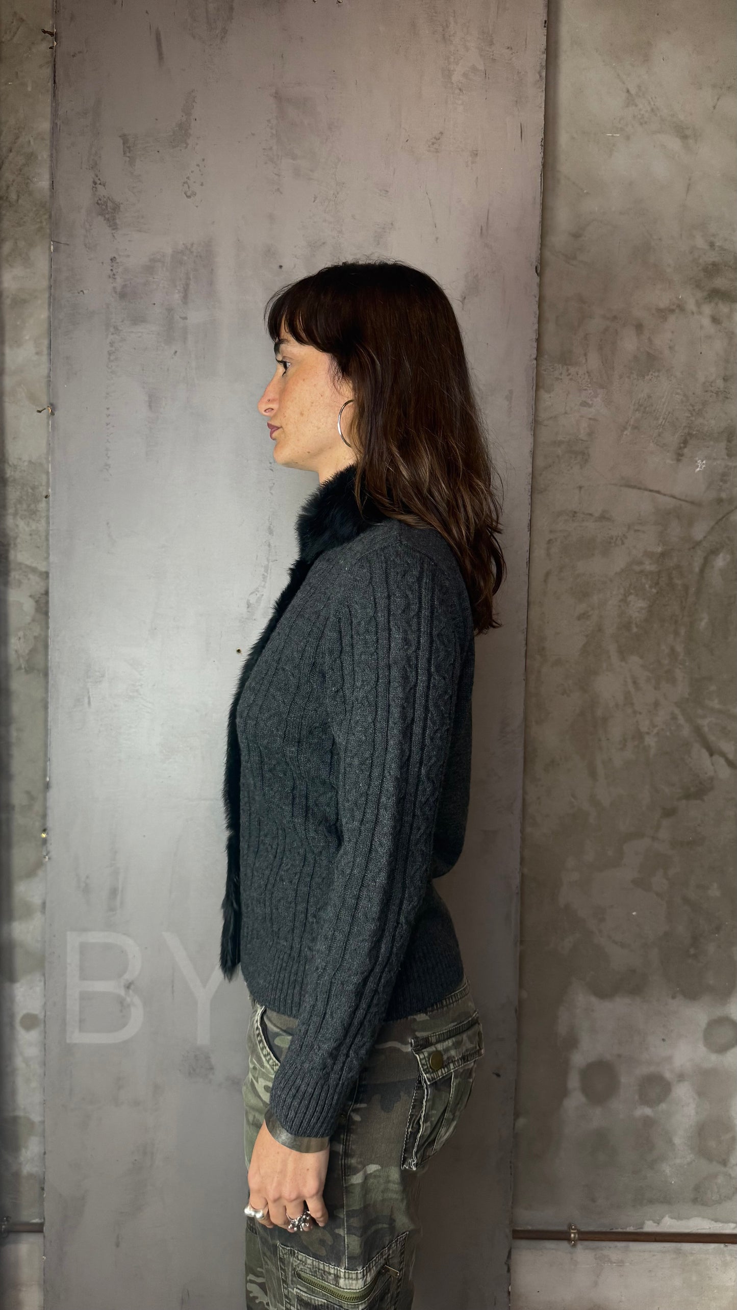 Black Knit Zip Sweater Faux Fur Detail Vintage