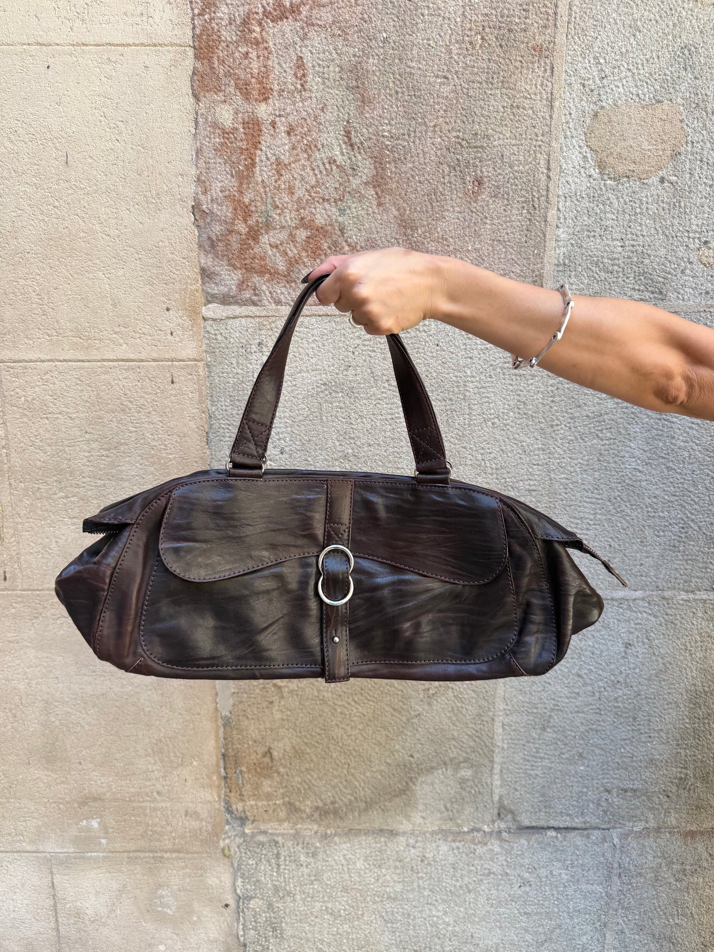 Vintage Brown Leather Baguette Shoulder Bag