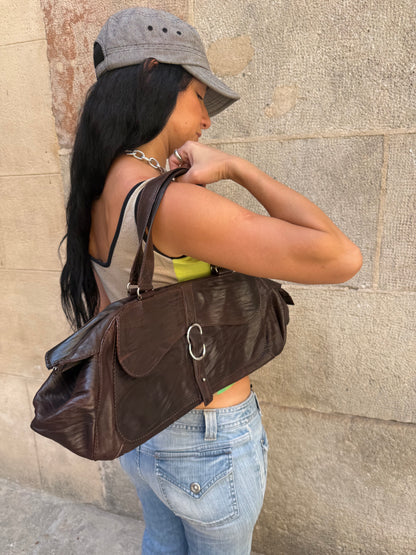 Vintage Brown Leather Baguette Shoulder Bag