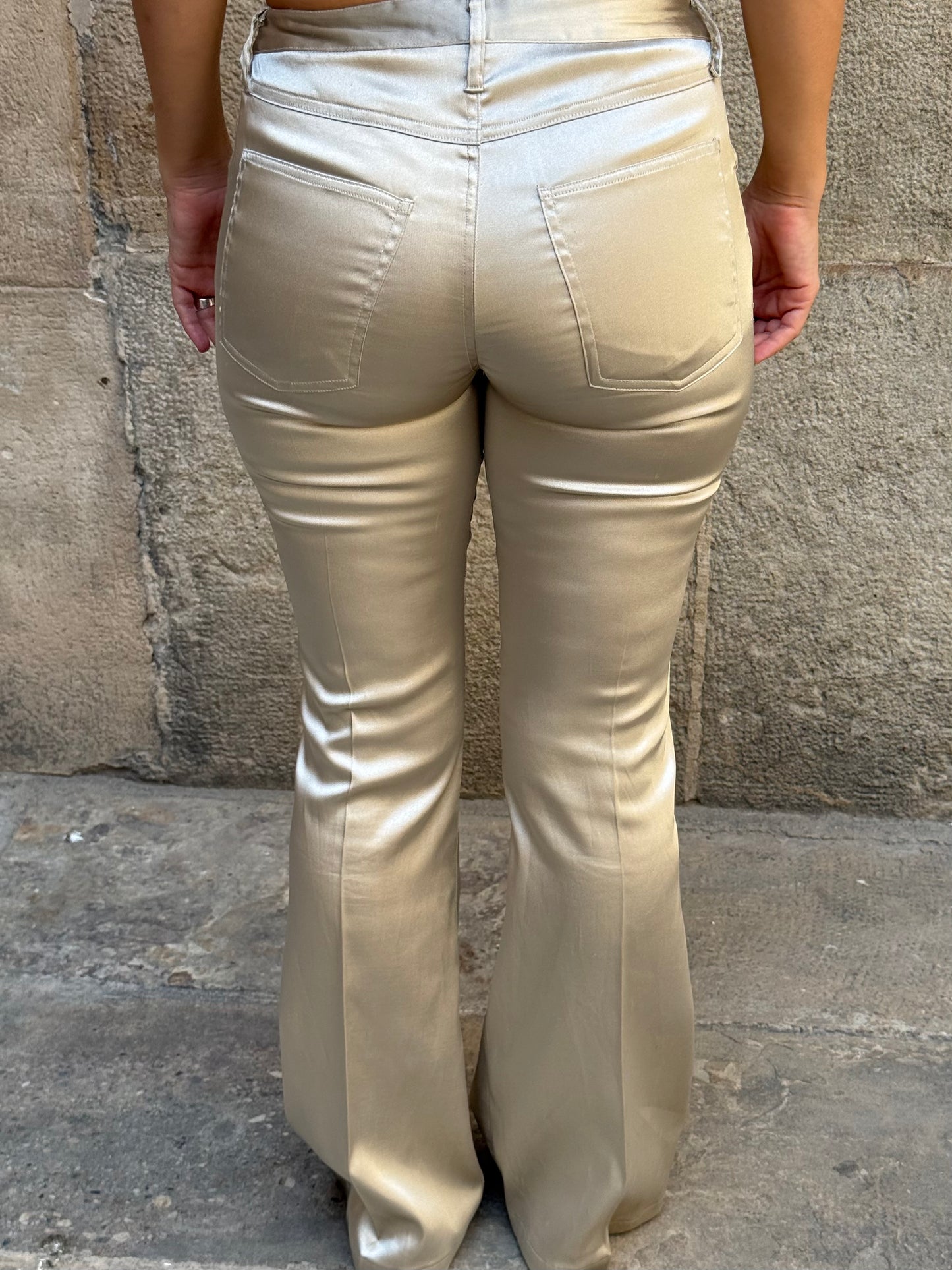Y2K Champagne Lace-Up Satin Flared Pants