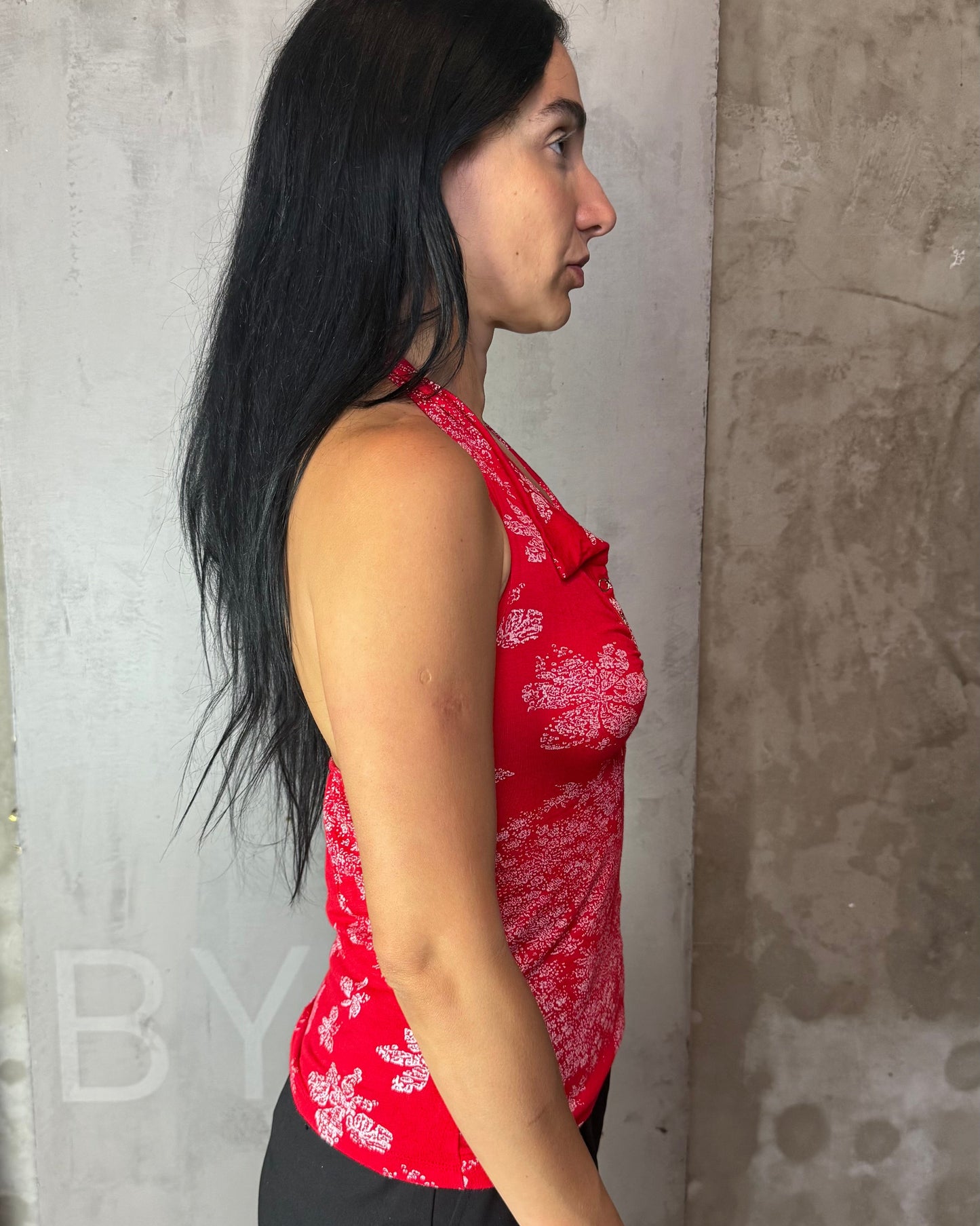 Halter Top Red Floral Bandana Print Button Detail