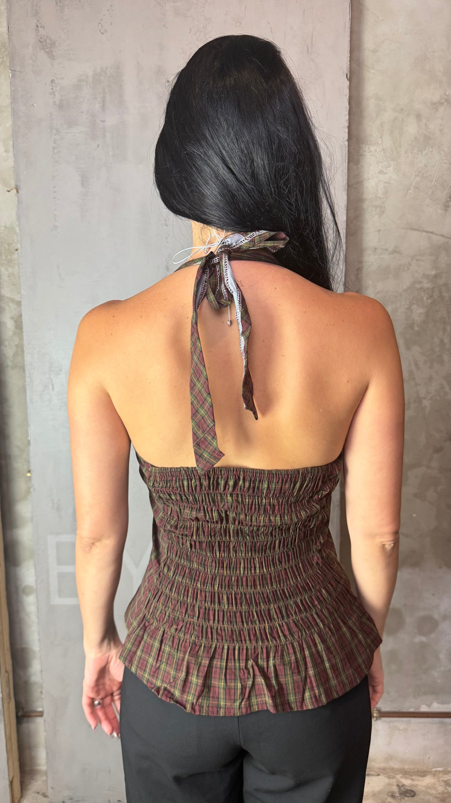 Reworked Shirt Halter Top – Open Back Tie