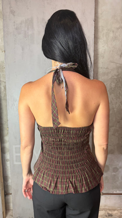 Reworked Shirt Halter Top – Open Back Tie
