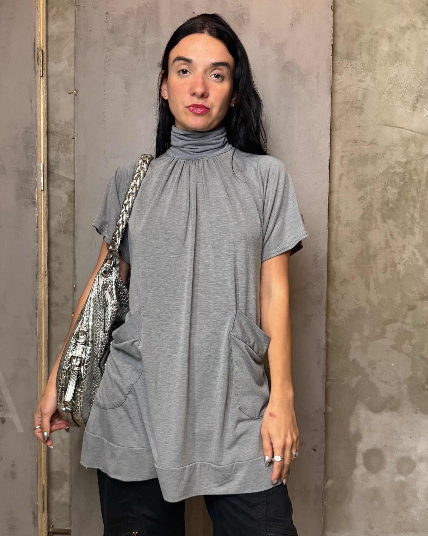 Grey High Neck Mini Dress Tunic Loose Fit Pockets