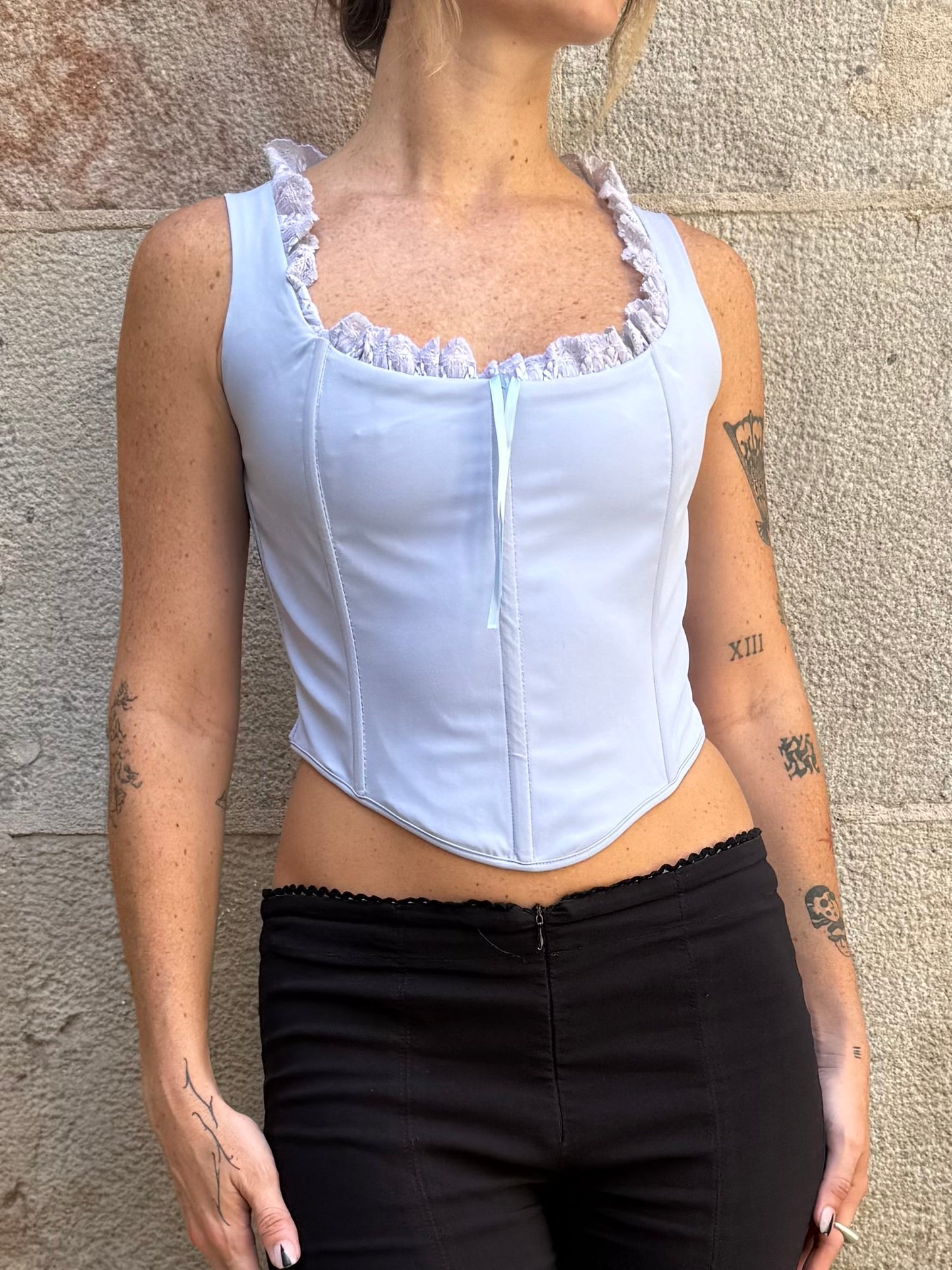 Baby Blue Corset Top with Lace Trim