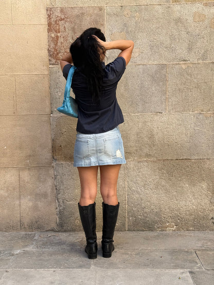 Y2K Denim Mini Skirt with Lace & Leather Details – Size 36