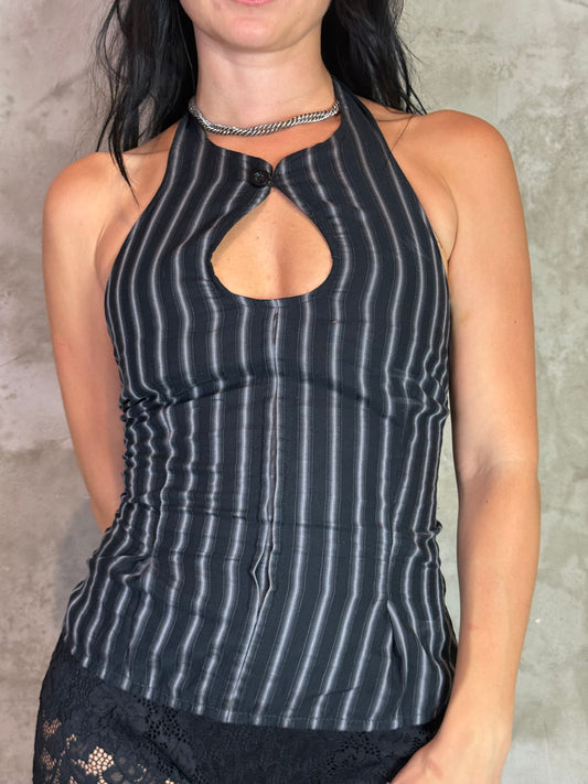 Striped Halter Top with Front Button Detail