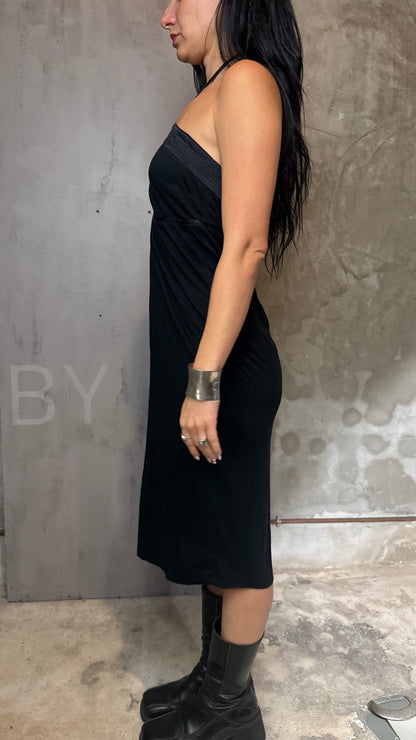 Black Halter Midi Dress Satin Detail Minimal Chic