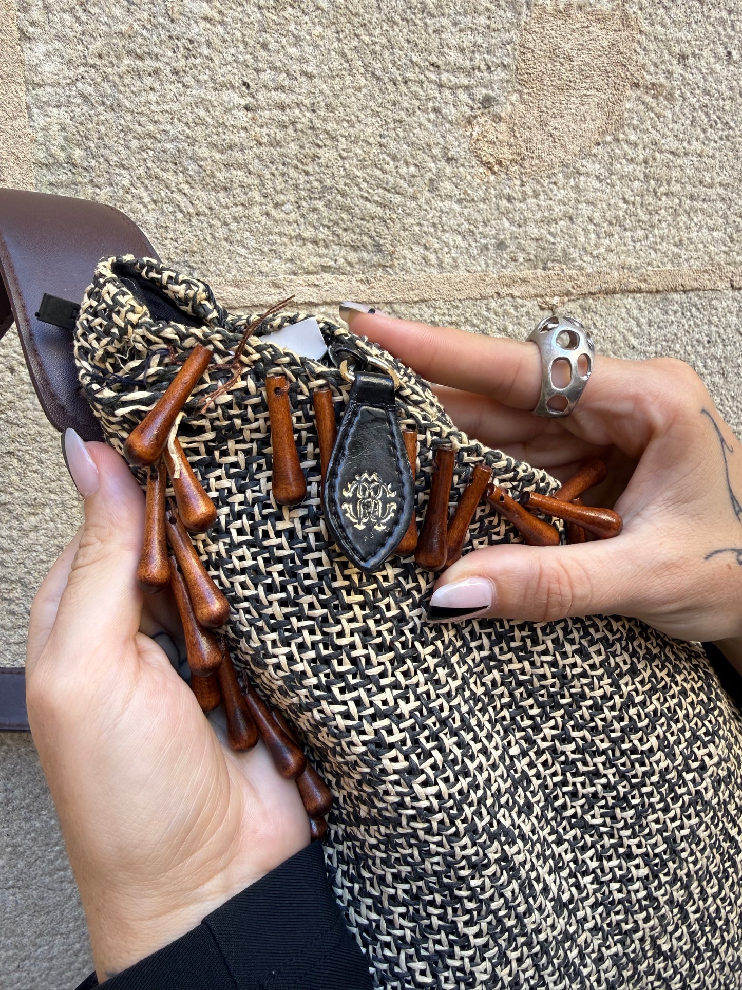 Roberto Cavalli Raffia Fringe Shoulder Bag