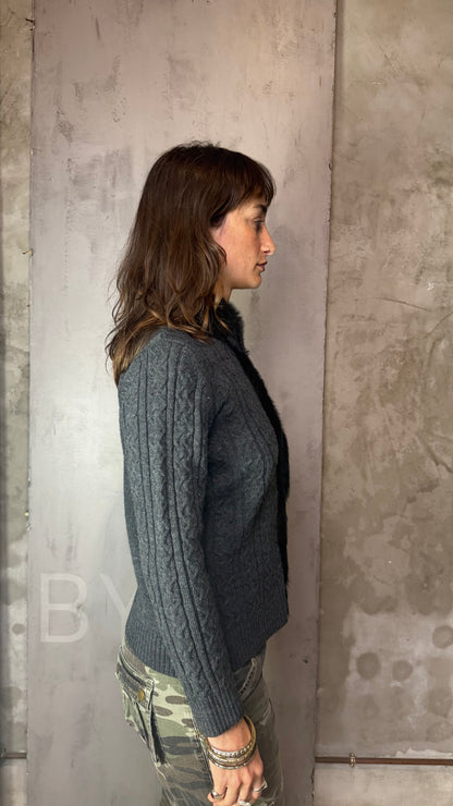 Black Knit Zip Sweater Faux Fur Detail Vintage