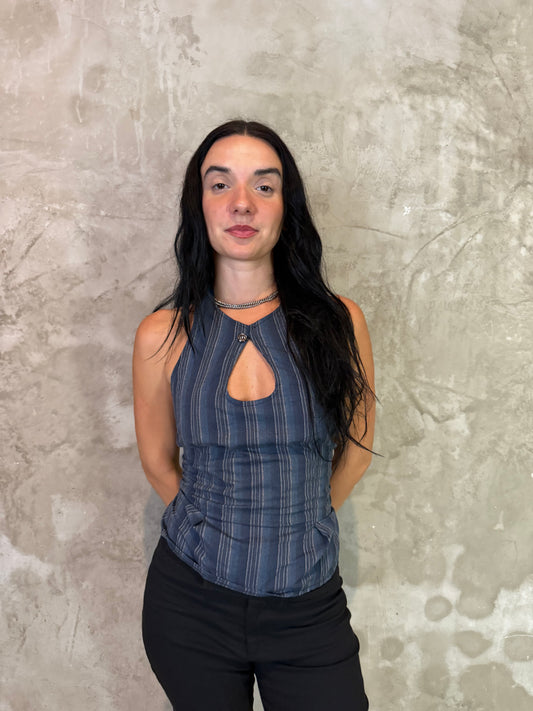 Striped Halter Top with Front Button Detail