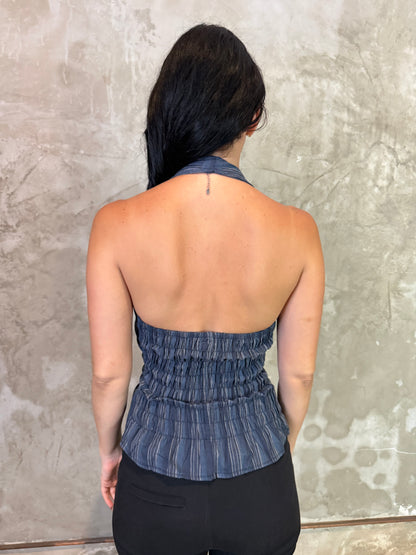 Striped Halter Top with Front Button Detail
