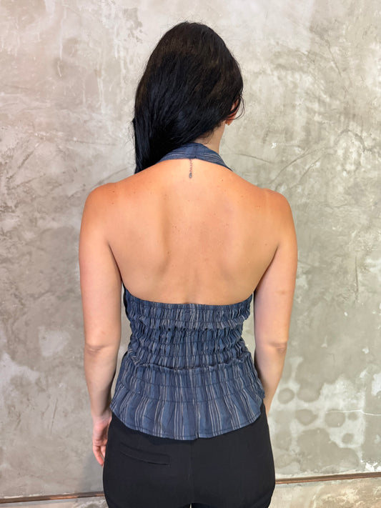 Striped Halter Top with Front Button Detail