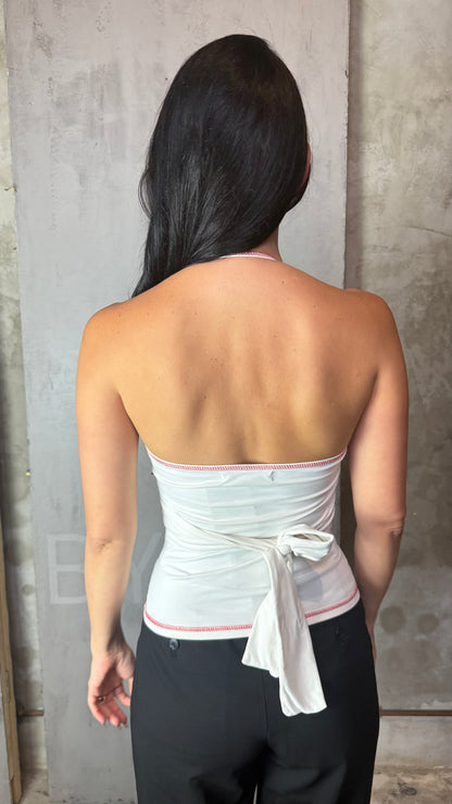 Y2K Halter Tank Top White & Red Embroidery Stretch
