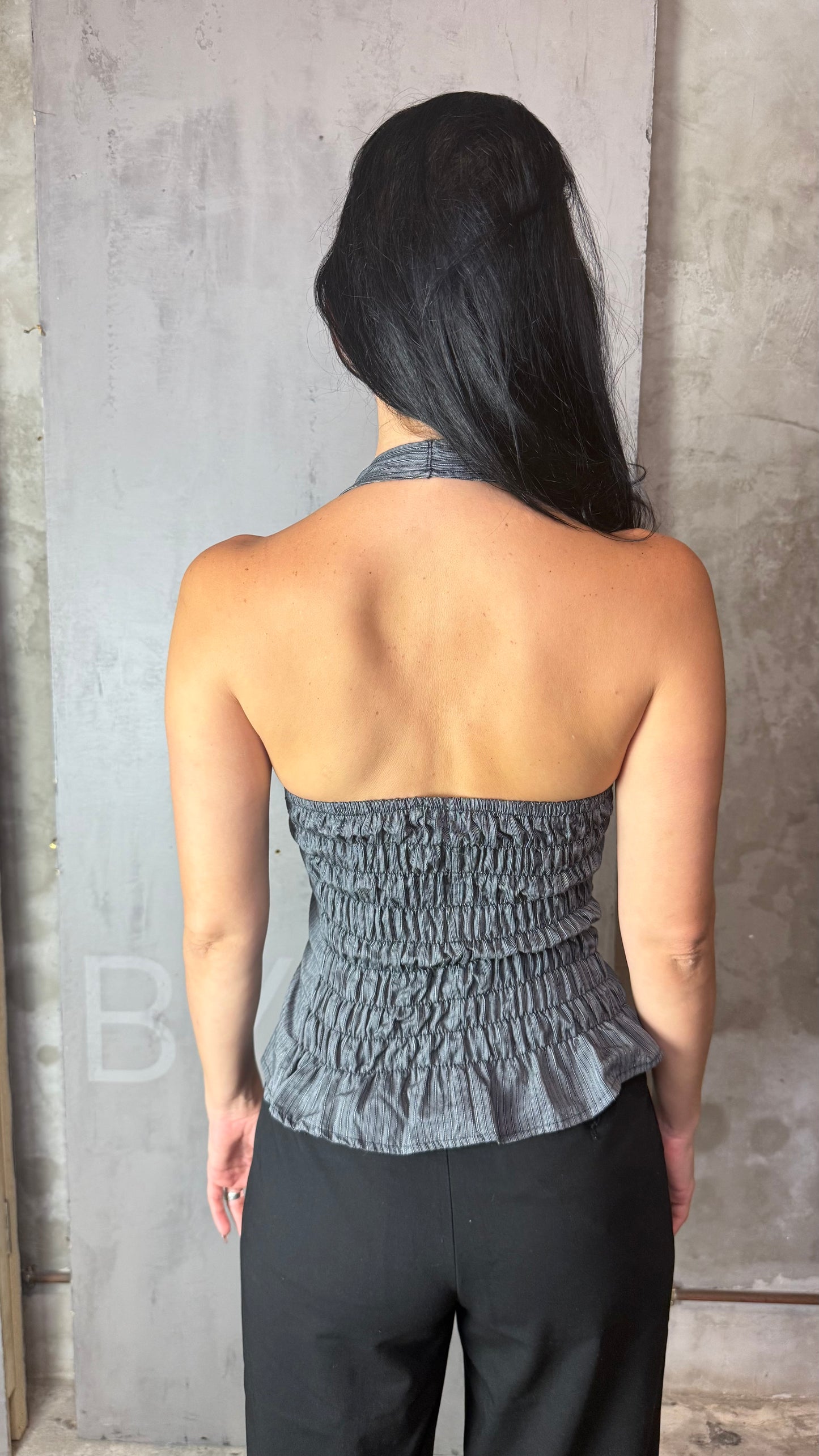 Reworked Shirt Halter Top – Structured Button Front