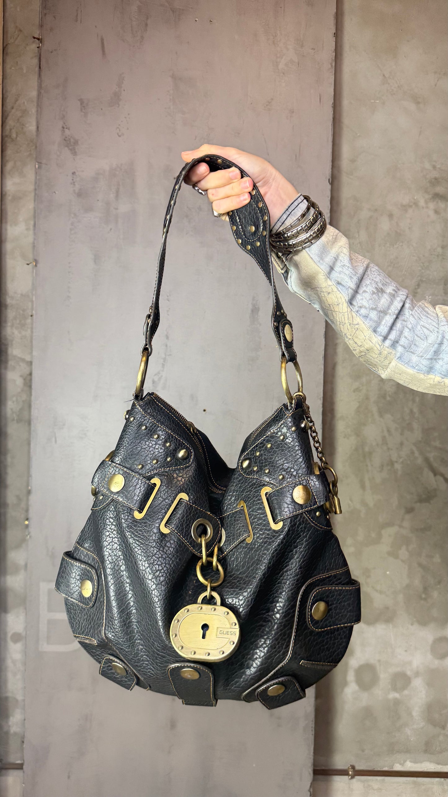 Vintage Guess Black Leather Studded Maxi Bag with Lock Charm