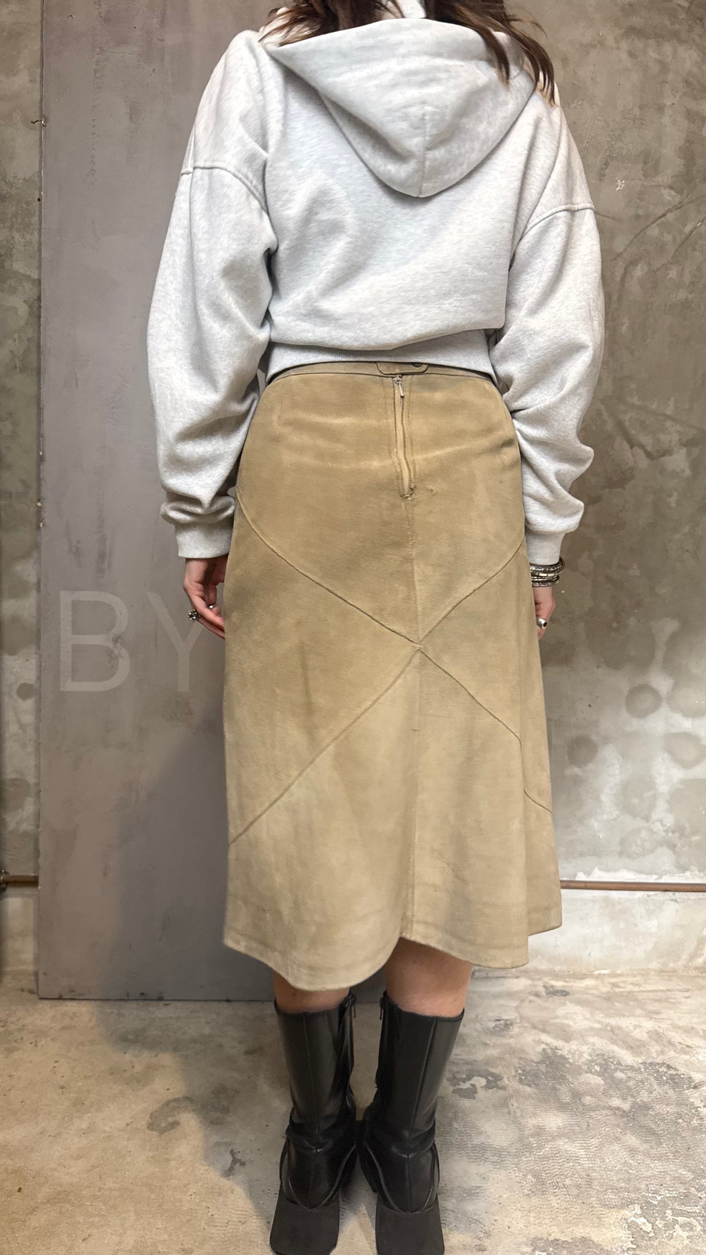 Caramel Faux Leather Midi Skirt Minimal Vintage 90s A-Line