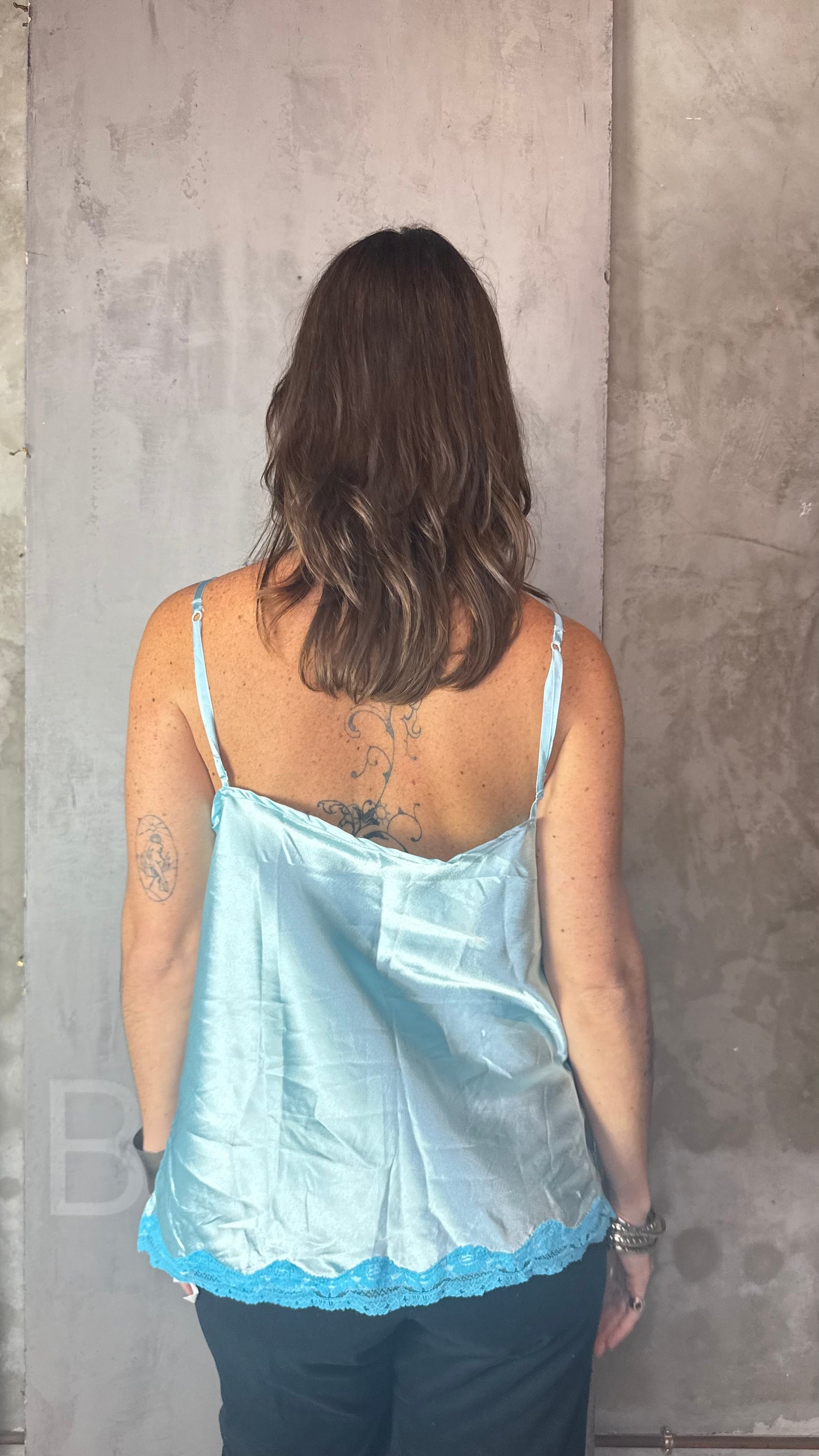 Blue Satin Lace Trim Camisole Slip Top Vintage