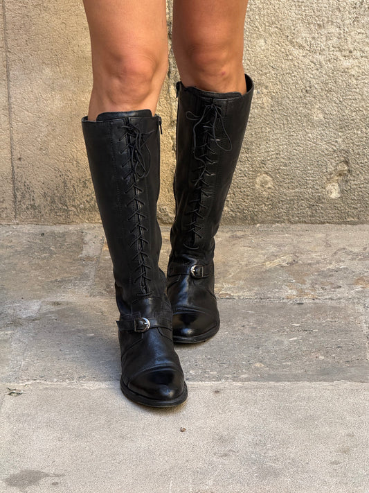 Black Leather Lace-Up Knee Boots – Size 39
