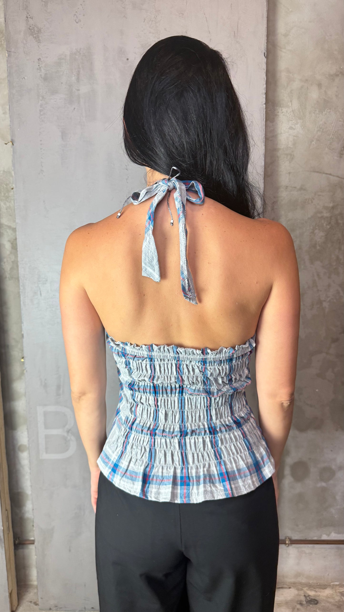 Reworked Shirt Halter Top – Open Back Tie