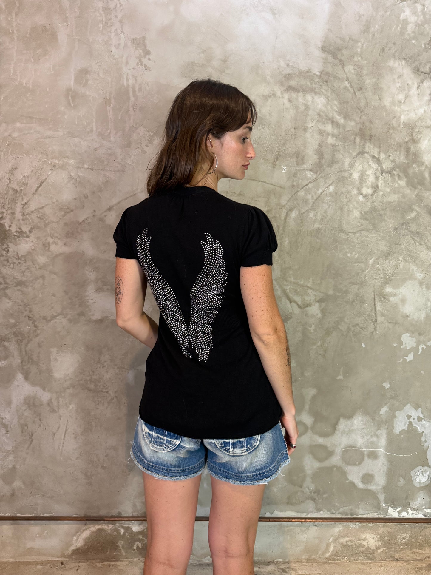 Black Angel Wings Rhinestone Knit Top