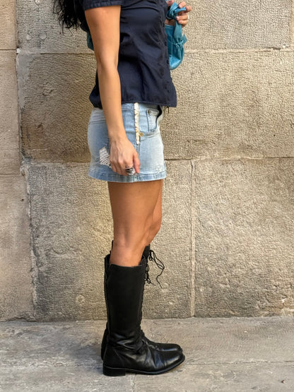 Y2K Denim Mini Skirt with Lace & Leather Details – Size 36