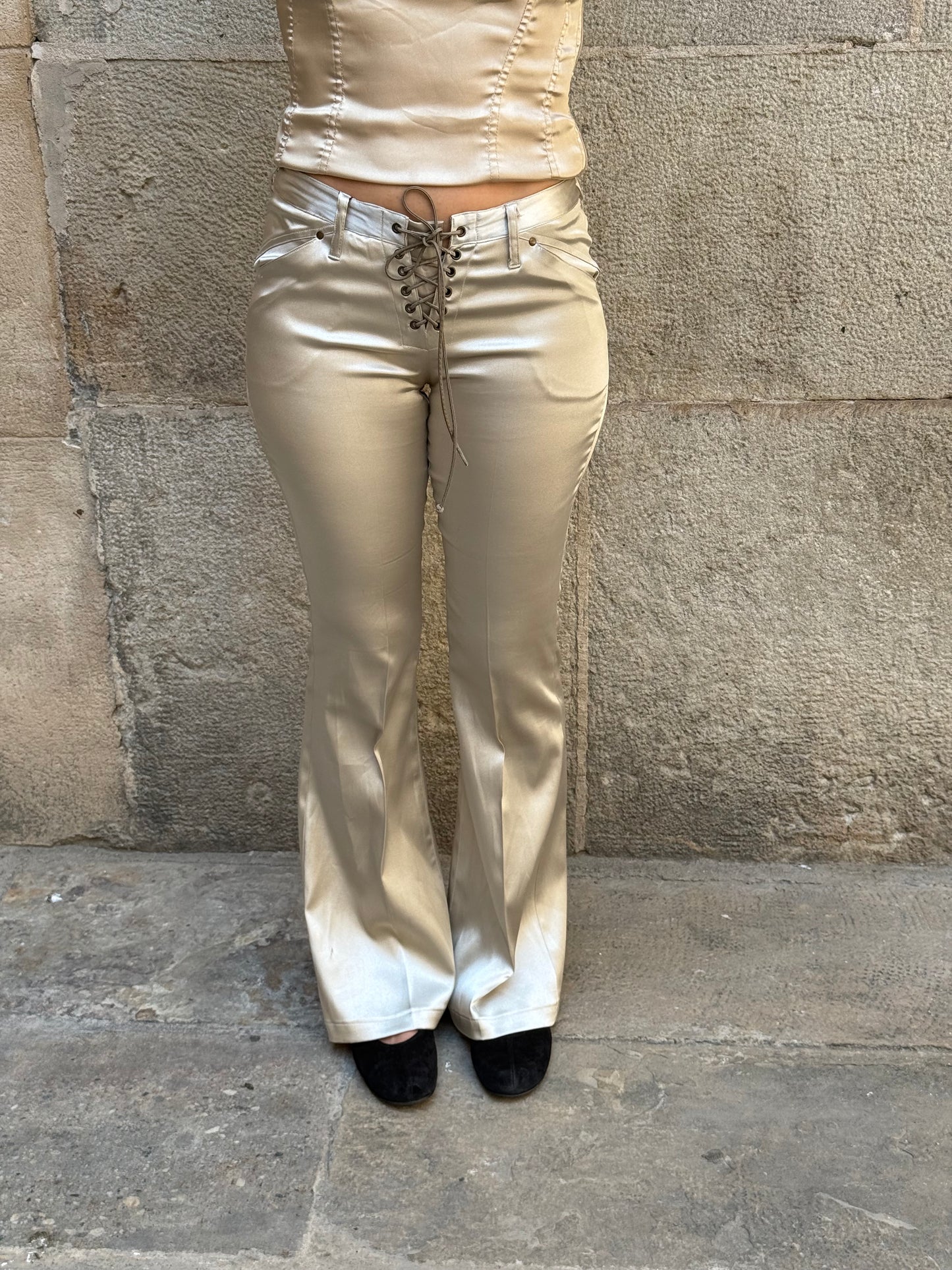 Y2K Champagne Lace-Up Satin Flared Pants